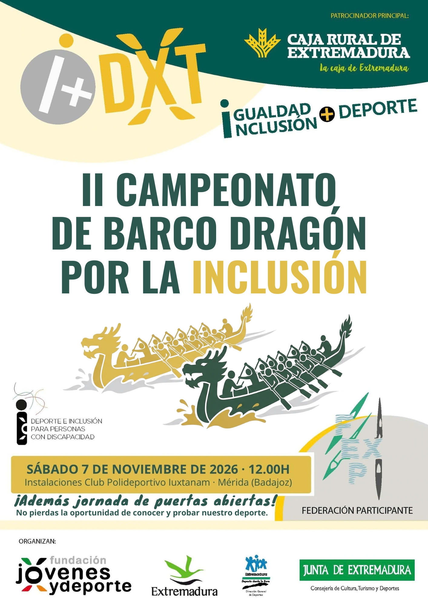 El II Campeonato de Barco Dragón por la Inclusión llega a Mérida el 7 de noviembre